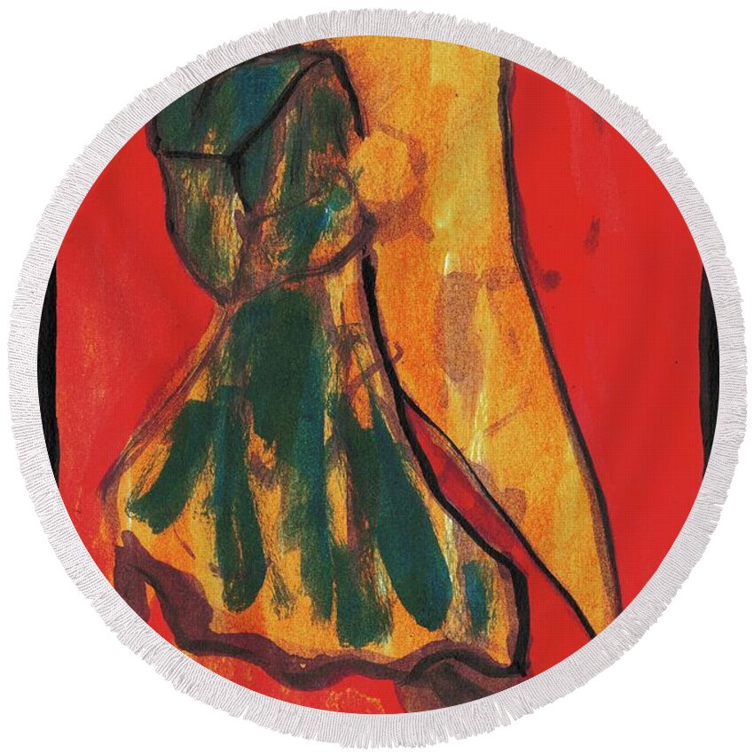 Green Round Beach Towel featuring the painting Woman in a Green Dress by Edgeworth Johnstone
