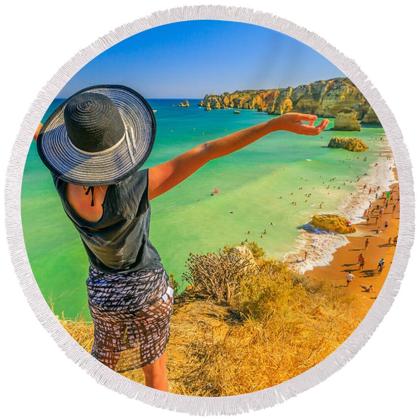 Portugal Round Beach Towel featuring the photograph Woman in Algarve Coast by Benny Marty