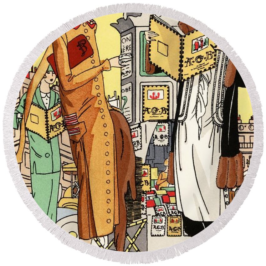 Afternoon Dress Round Beach Towel featuring the drawing Woman in beige wool suit and woman in black-and-white afternoon dress in front of a Paris kiosk. by Album