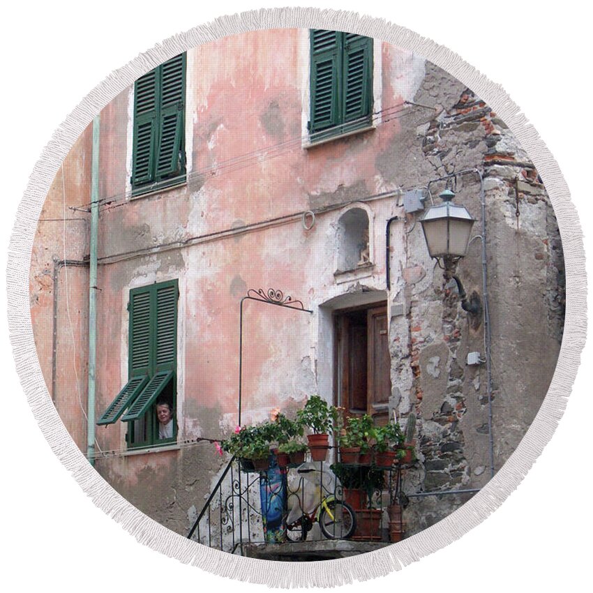 Cinque Terre Round Beach Towel featuring the photograph Green Shutters by Leslie Struxness