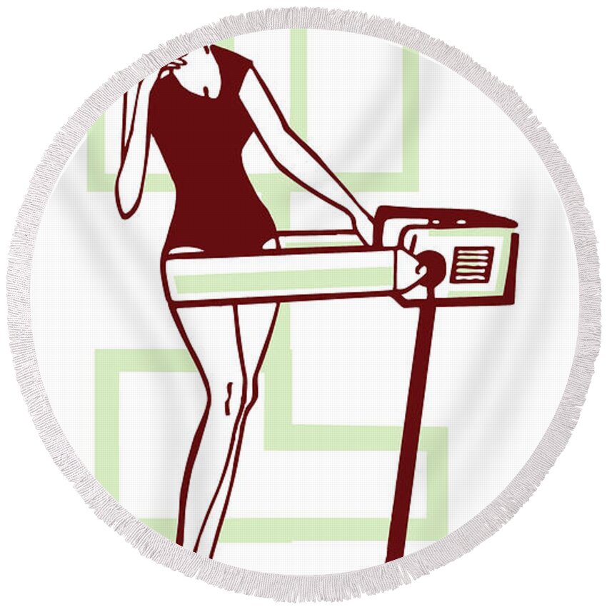 Adult Round Beach Towel featuring the drawing Woman on Exercise Band Machine by CSA Images