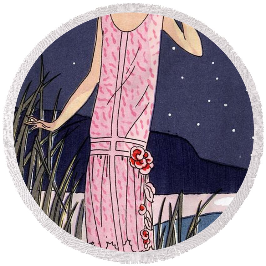 Agb Round Beach Towel featuring the drawing Woman on the coast in the moonlight wearing a pink lace evening dress trimmed with velvet flowers. by Album