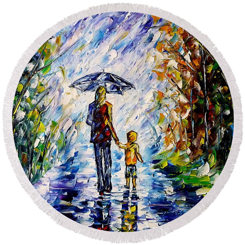Mother And Child Round Beach Towel featuring the painting Woman With Child In The Rain by Mirek Kuzniar