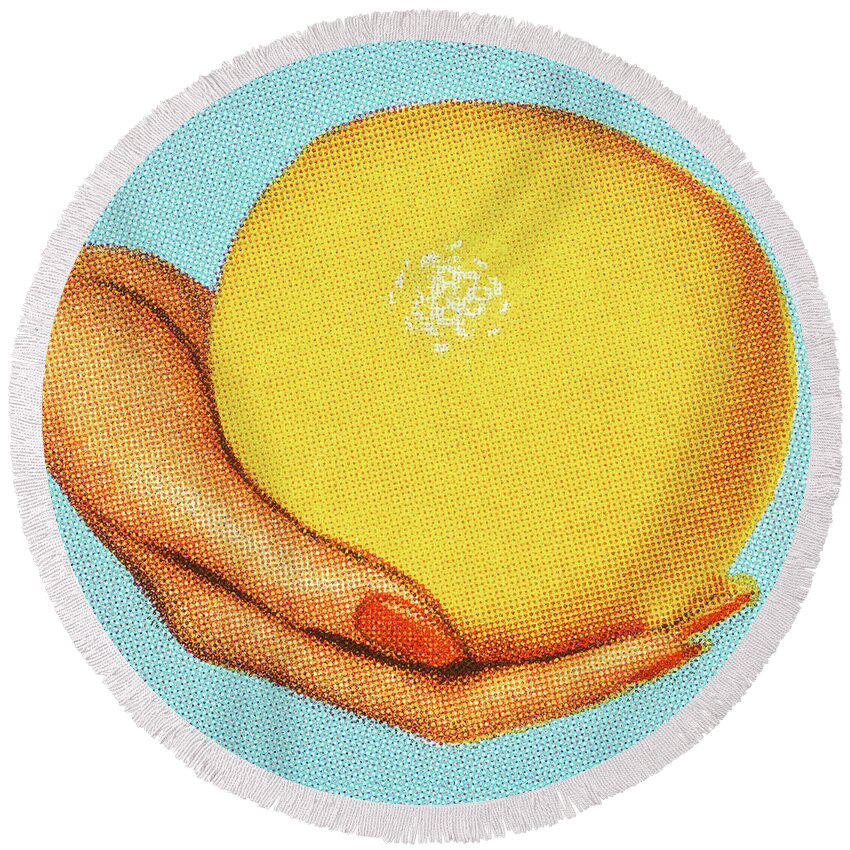 Blue Background Round Beach Towel featuring the drawing Woman's Hand Holding a Grapefruit by CSA Images