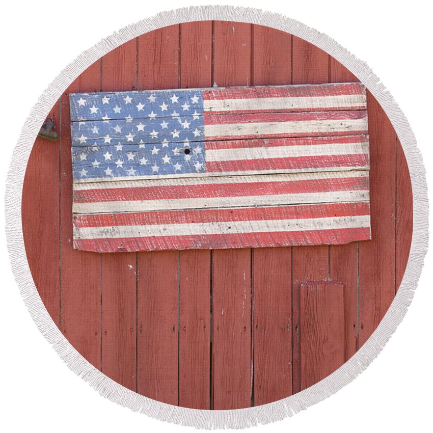 American Flag Round Beach Towel featuring the photograph Wood Shed Flag Vermont by David Kenny
