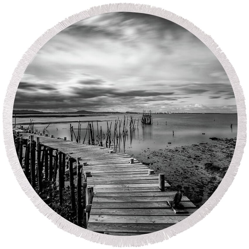 Seascapes Round Beach Towel featuring the photograph Wooden fishing Piers by Michalakis Ppalis