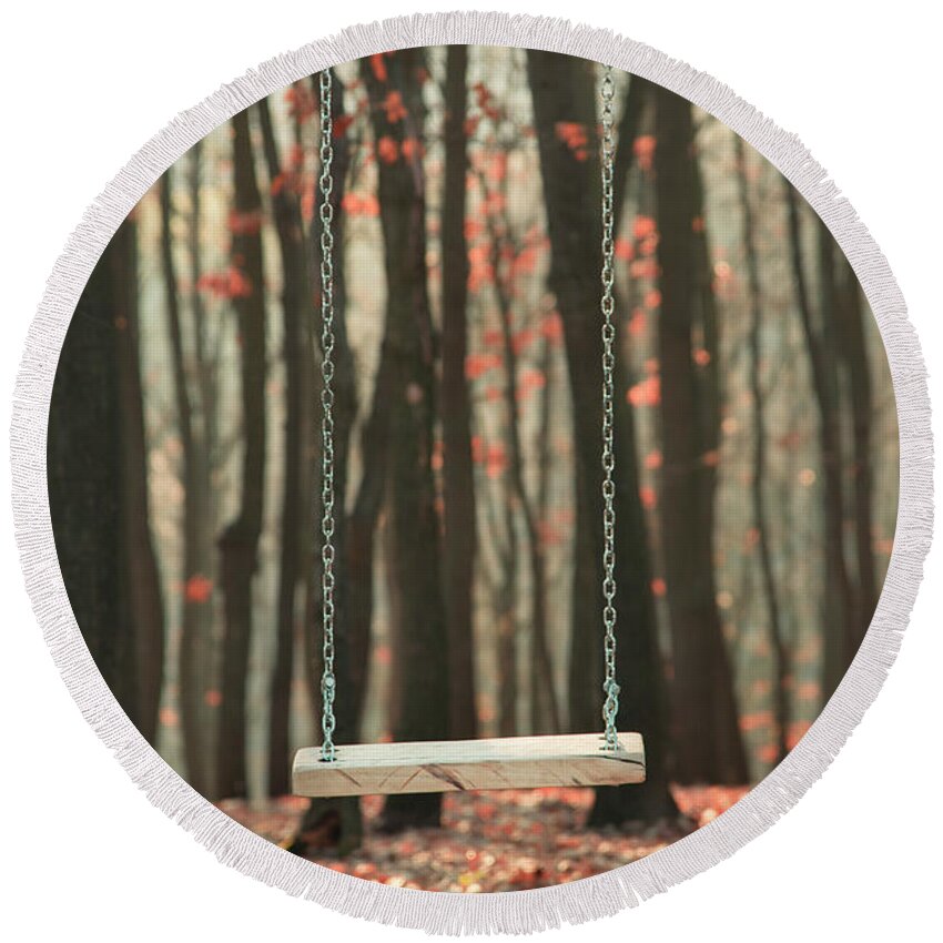 Swing Round Beach Towel featuring the photograph Wooden swing in autumn forest by Jelena Jovanovic