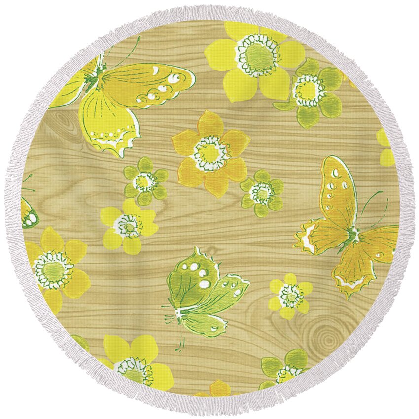 Animal Round Beach Towel featuring the drawing Woodgrain with butterflies by CSA Images