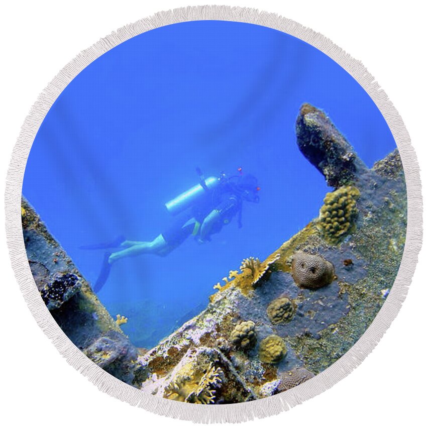 Scuba Round Beach Towel featuring the photograph Wreck Framed by Climate Change VI - Sales