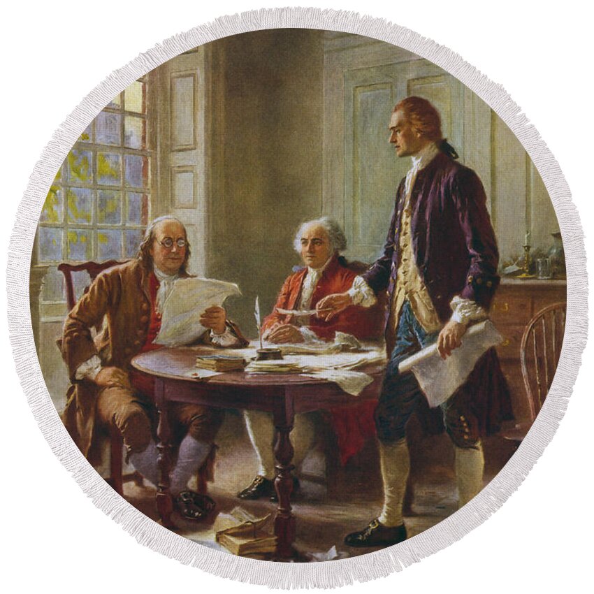 Declaration Of Independence Round Beach Towel featuring the painting Writing The Declaration of Independence by War Is Hell Store