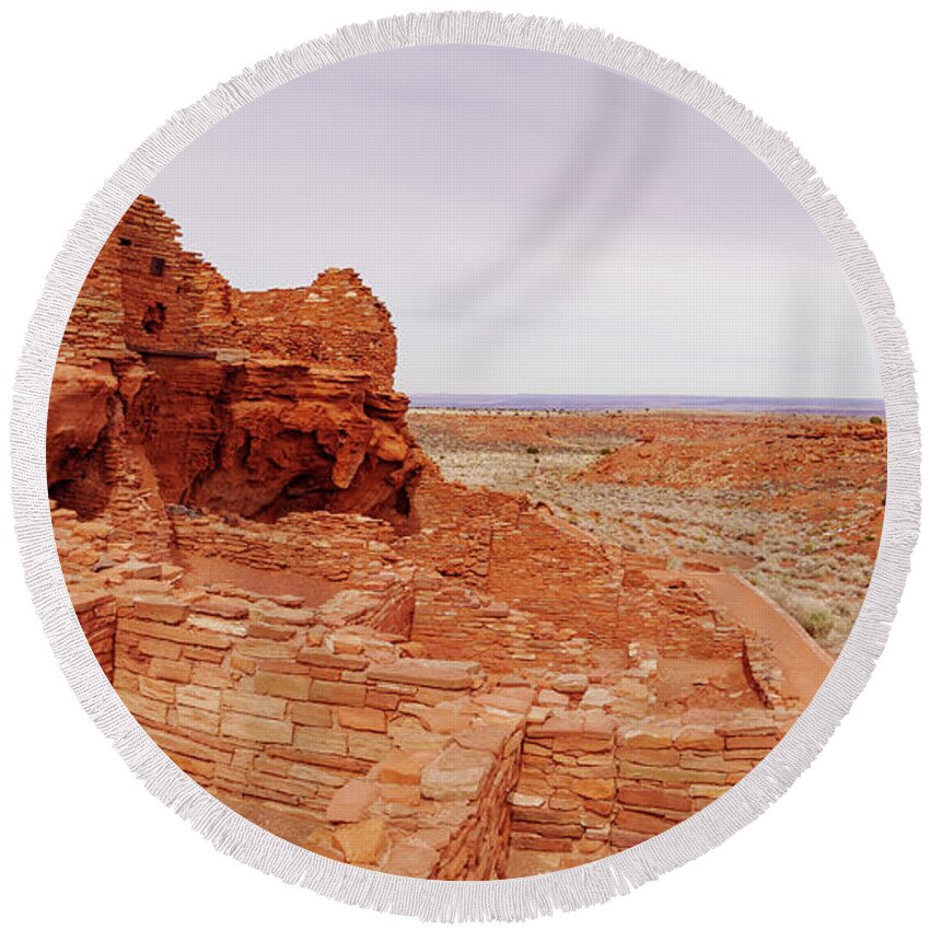 American Southwest Round Beach Towel featuring the photograph Wupatki Ruin Panorama by Todd Bannor