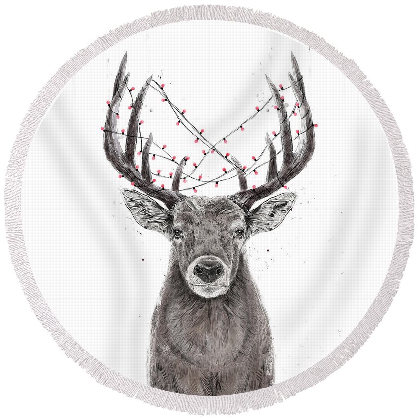 Deer Round Beach Towel featuring the drawing Xmas deer by Balazs Solti