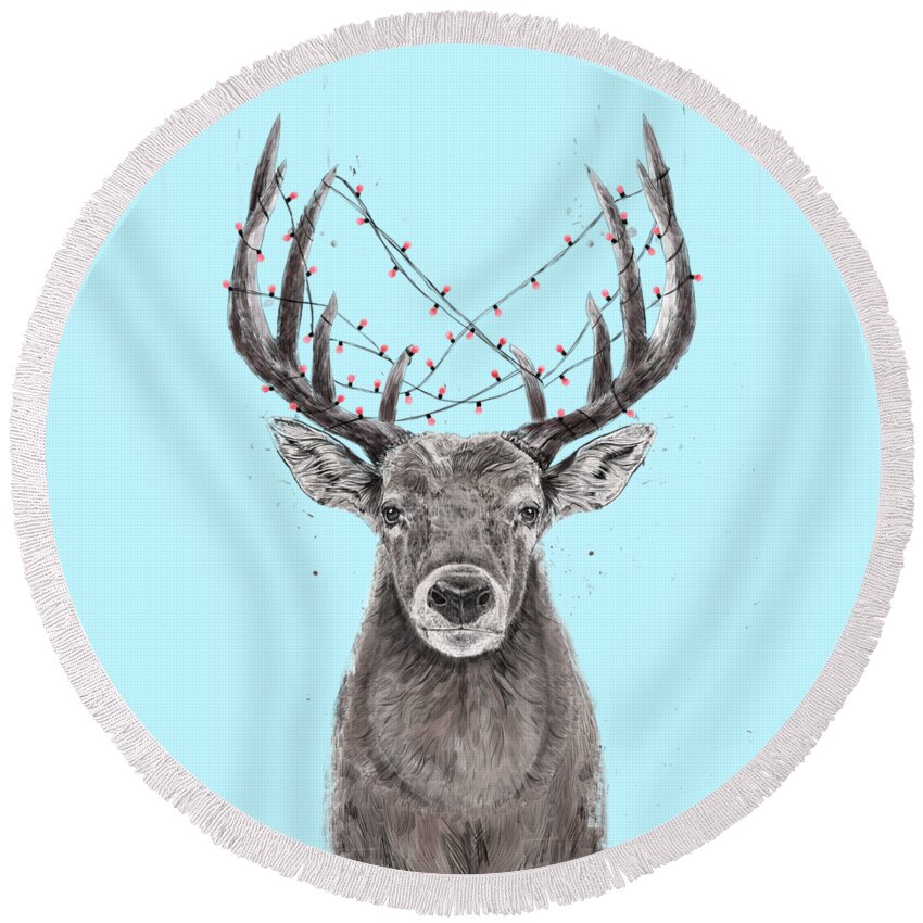 Deer Round Beach Towel featuring the drawing Xmas deer II by Balazs Solti