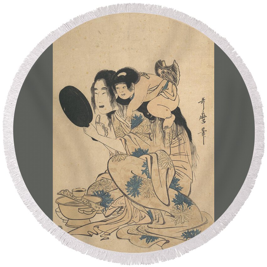 19th Century Art Round Beach Towel featuring the drawing Yamauba blackening Her teeth and Kintoki by Kitagawa Utamaro