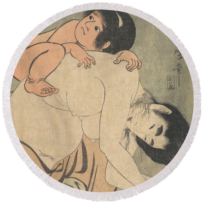 19th Century Art Round Beach Towel featuring the relief Yamauba Combing Her Hair and Kintoki by Kitagawa Utamaro