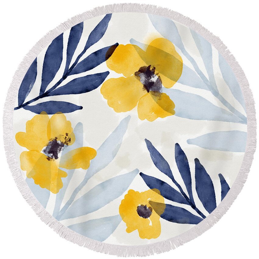 Flowers Round Beach Towel featuring the mixed media Yellow and Navy 1- Floral Art by Linda Woods by Linda Woods