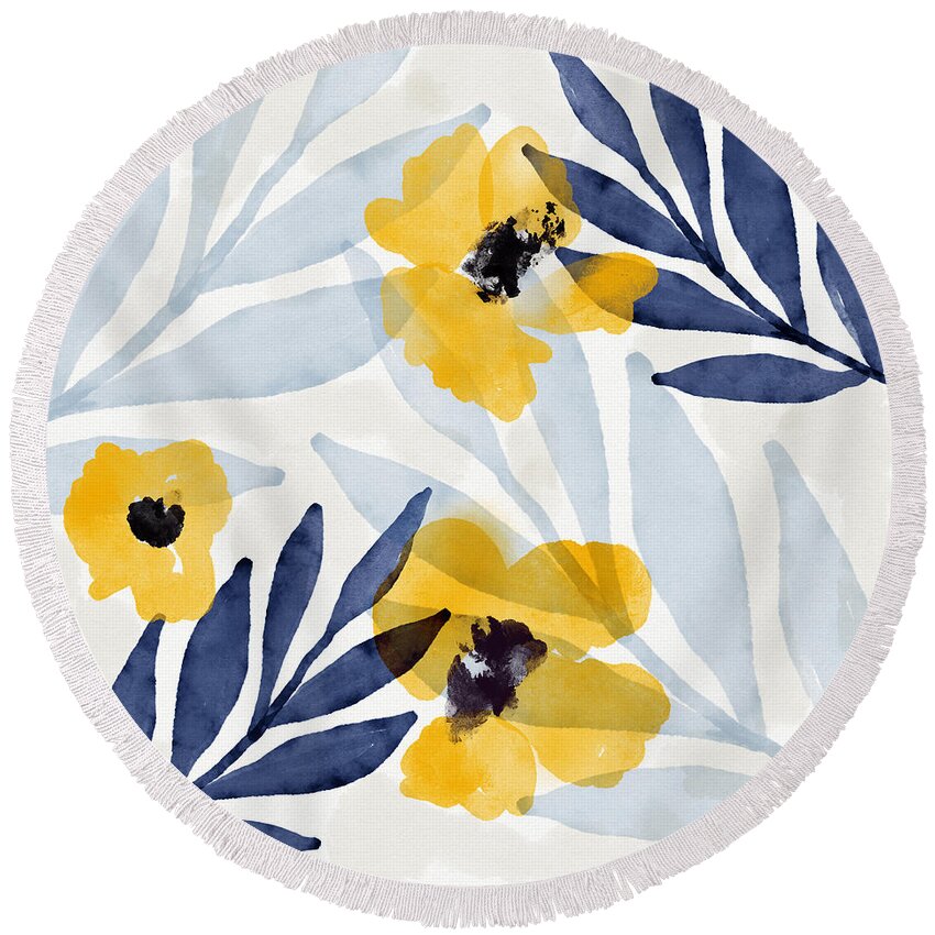 Flowers Round Beach Towel featuring the mixed media Yellow and Navy 2- Floral Art by Linda Woods by Linda Woods