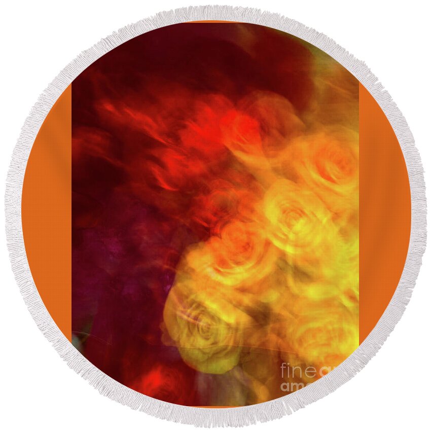 Abstract Round Beach Towel featuring the photograph Yellow and orange rose abstract by Phillip Rubino