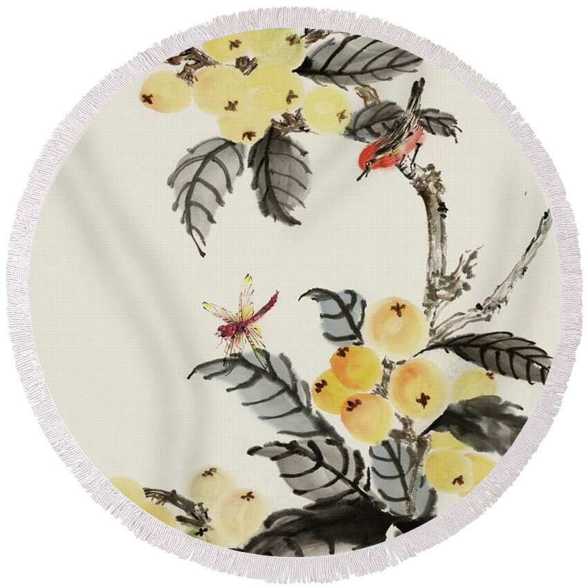 Chinese Watercolor Round Beach Towel featuring the painting Bird and Dragonfly On the Loquat Tree by Jenny Sanders