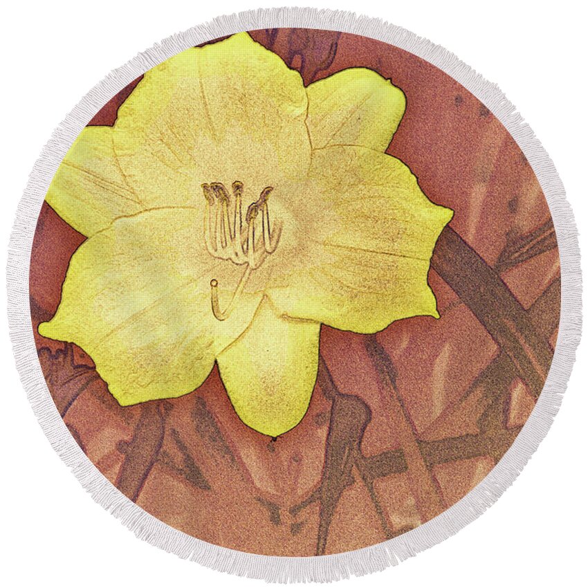 Flower Round Beach Towel featuring the digital art Yellow Day Lily Stencil on Sandstone by Jason Fink