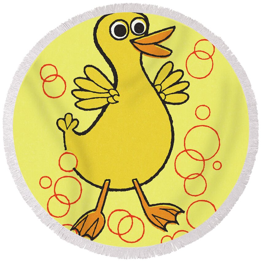 Animal Round Beach Towel featuring the drawing Yellow Duck on a Yellow Background by CSA Images