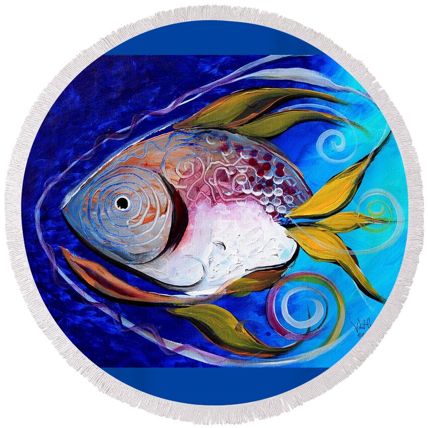 #fishart #fish #art #blue #fin #artfish #gulf #fishing #beachhouse #beach #color #coloful #detail #scarpace #ocean #sportfishing #abstract Round Beach Towel featuring the painting Yellow Fin Integral by J Vincent Scarpace