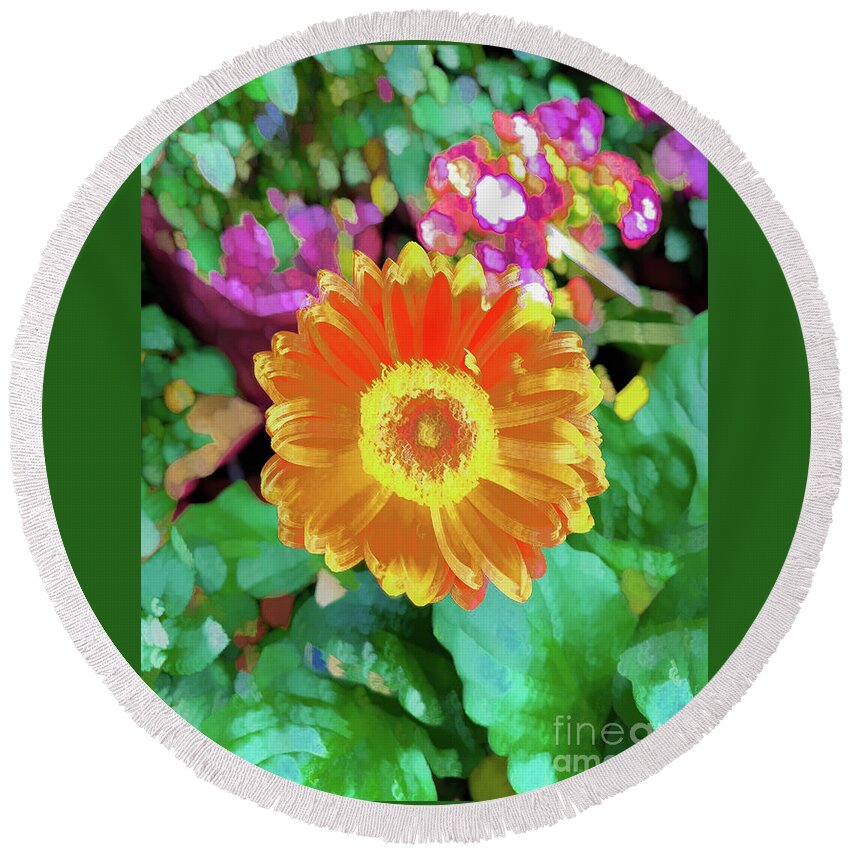 Abstract Round Beach Towel featuring the photograph Yellow flower with green leaf abstract by Phillip Rubino