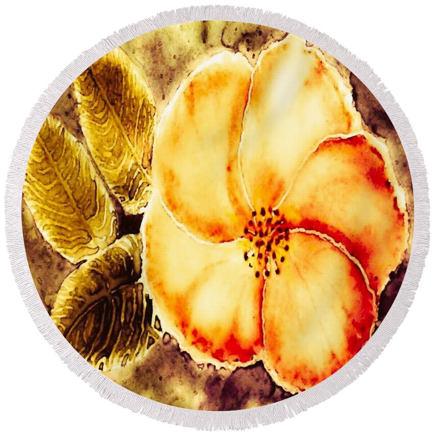 Yellow Round Beach Towel featuring the painting Yellow Gold Lilly Monochrome Flower by Delynn Addams