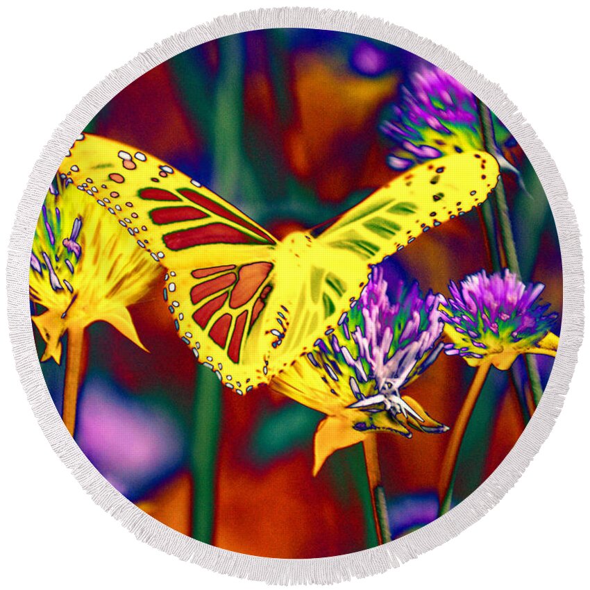 Yellow Monarch Butterfly Round Beach Towel featuring the photograph Yellow Monarch Butterfly by Tom Kelly