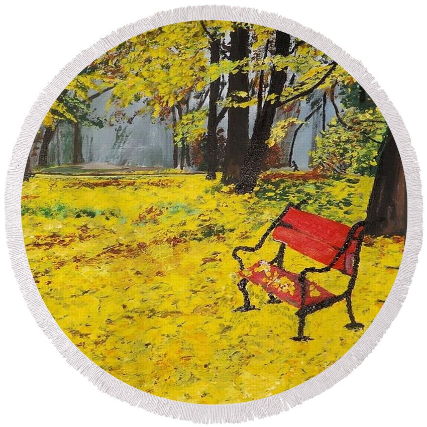 Acrylic Round Beach Towel featuring the painting Yellow Park by Denise Morgan
