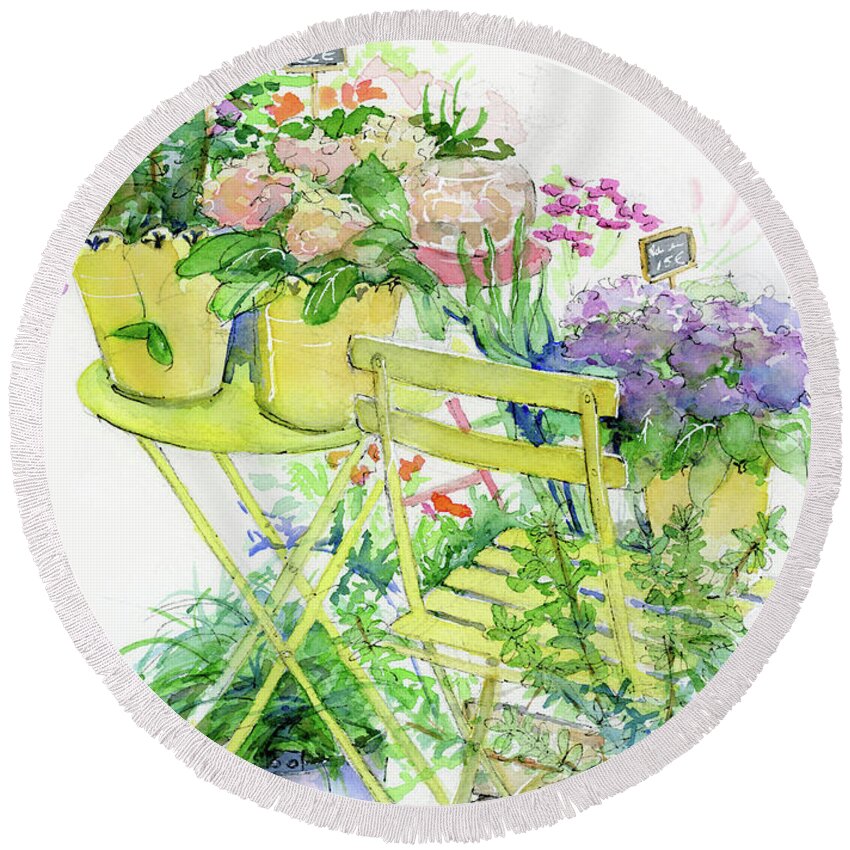 Parisian Flowers Round Beach Towel featuring the painting Yellow pots, chair and table top by Rebecca Matthews