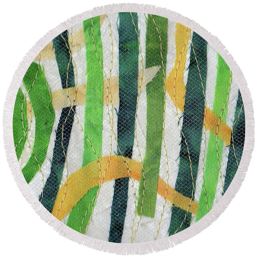 Fiber Art Round Beach Towel featuring the tapestry - textile Yellow Ribbon by Pam Geisel