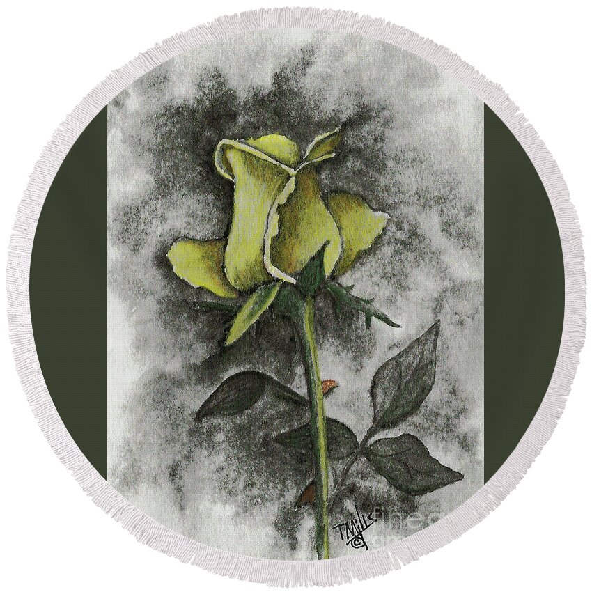 Drawing Round Beach Towel featuring the drawing Yellow Rosebud by Terri Mills