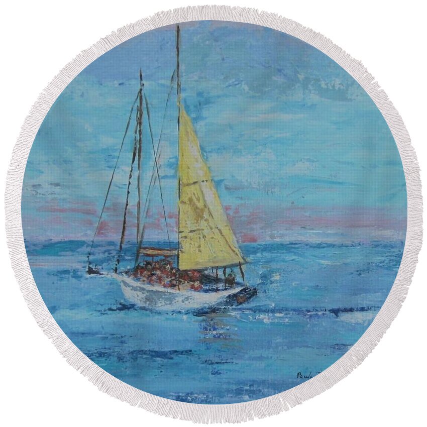 Painting Round Beach Towel featuring the painting Yellow Sail by Paula Pagliughi