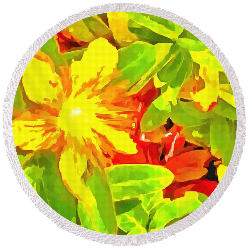 Daisy Round Beach Towel featuring the digital art Yellow Spring Flowers by Bernie Sirelson