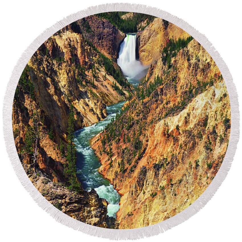 Yellowstone Round Beach Towel featuring the photograph Yellowstone Grand Canyon From Artist Point by Greg Norrell