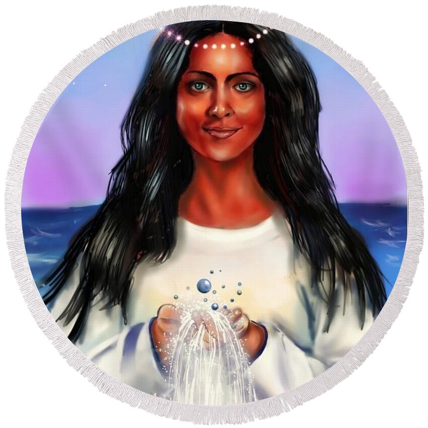 Yemaya Goddess Round Beach Towel featuring the digital art Yemaya Ocean Moon by Carmen Cordova