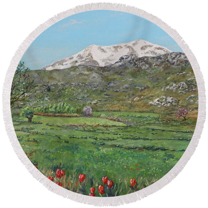 Crete Round Beach Towel featuring the painting Yious Kambos and Psiloreitis by David Capon