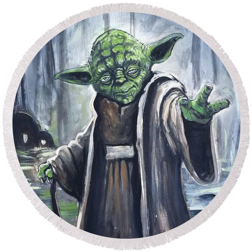 Dagobah Yoda Star Wars Round Beach Towel featuring the painting Yoda on Dagaboh by Tom Carlton