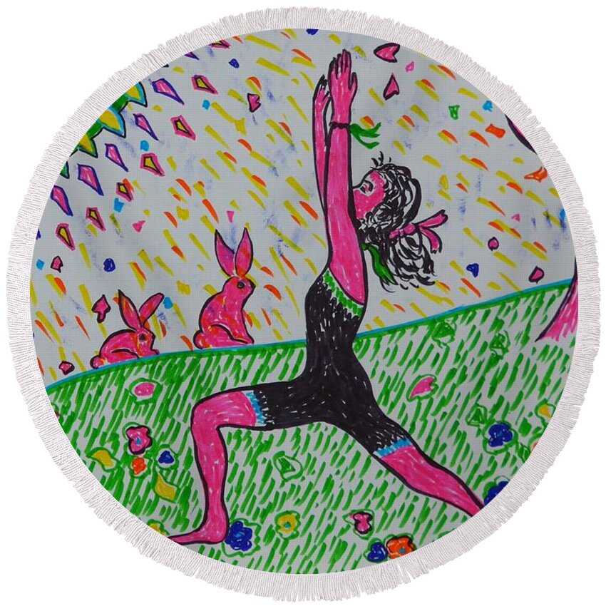 Yoga Round Beach Towel featuring the drawing Yoga on the Grass by Heather McFarlane-Watson