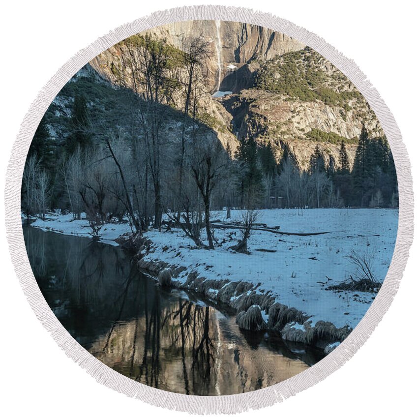 California Landscape Round Beach Towel featuring the photograph Yosemite Falls and River by Bill Roberts