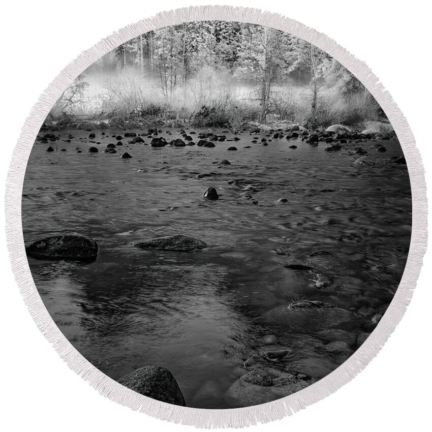 Yosemite Round Beach Towel featuring the photograph Yosemite River in BW by Jon Glaser