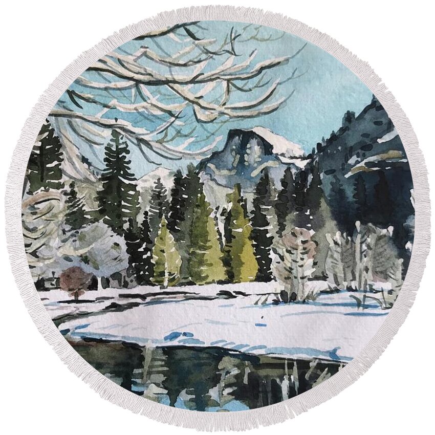 Yosemite Round Beach Towel featuring the painting Yosemite Valley - December by Luisa Millicent