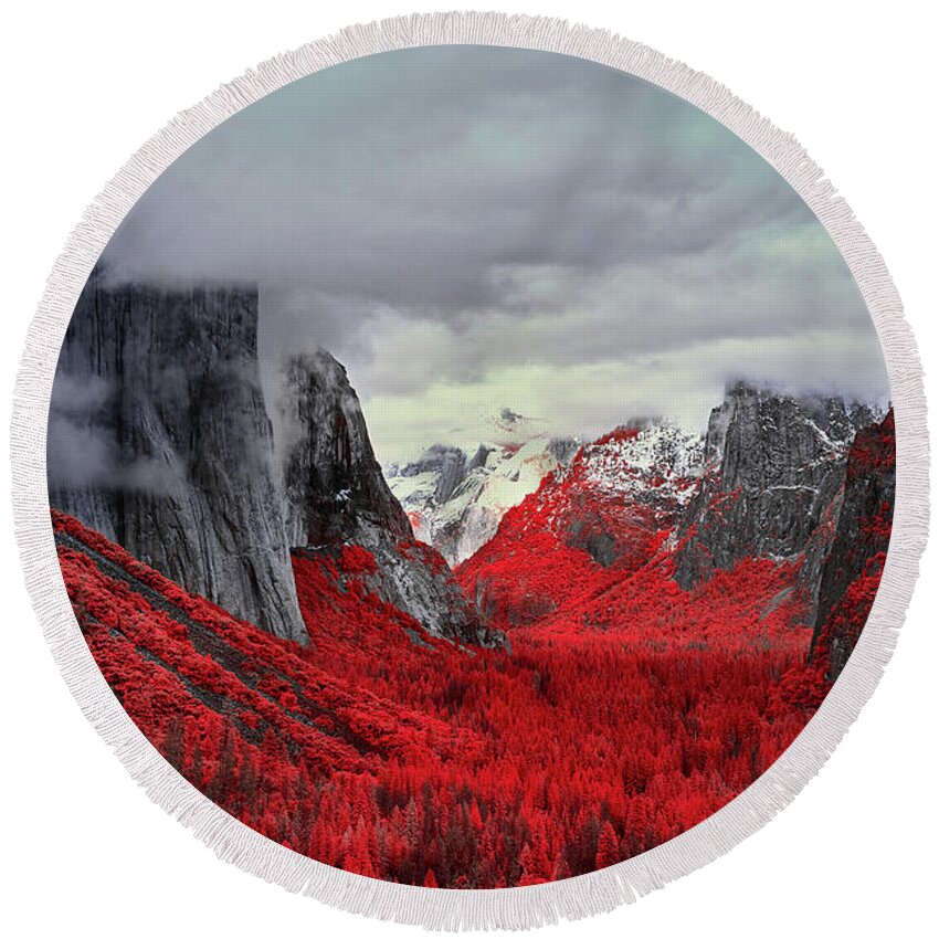 Yosemite Round Beach Towel featuring the photograph Yosemite Valley in Red by Jon Glaser