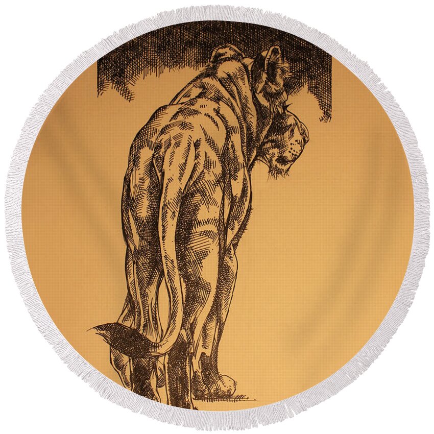Lion Round Beach Towel featuring the drawing Young Cub sketch by Derrick Higgins