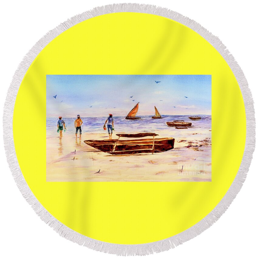 Beach Round Beach Towel featuring the painting Zanzibar Forzani beach by Sher Nasser