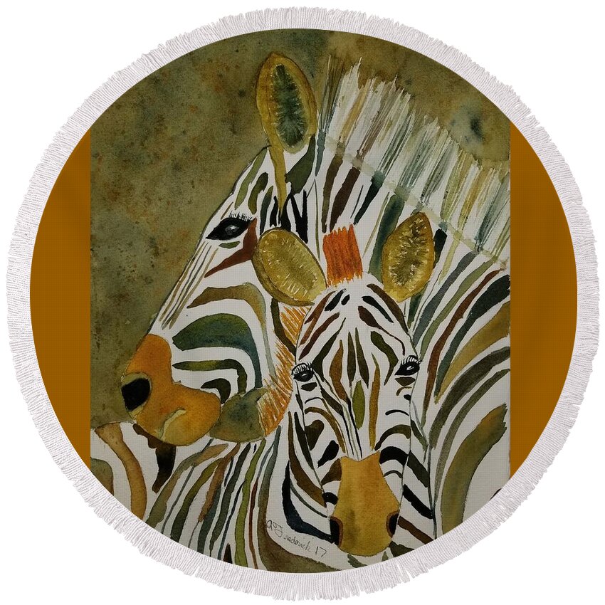 Zebra Round Beach Towel featuring the painting Zebra Jungle by Ann Frederick
