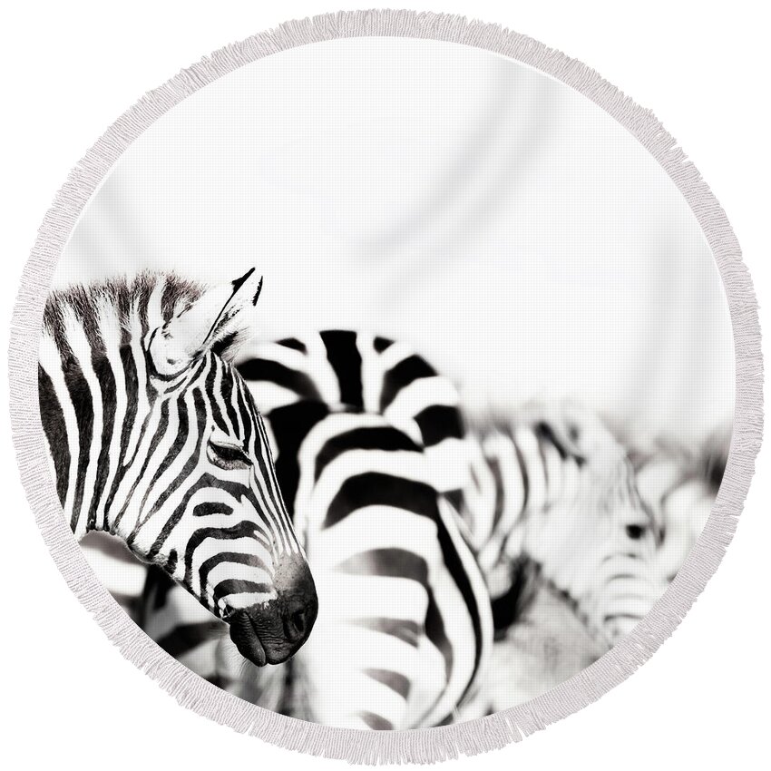 Portrait Round Beach Towel featuring the photograph Zebras black and white by Jane Rix