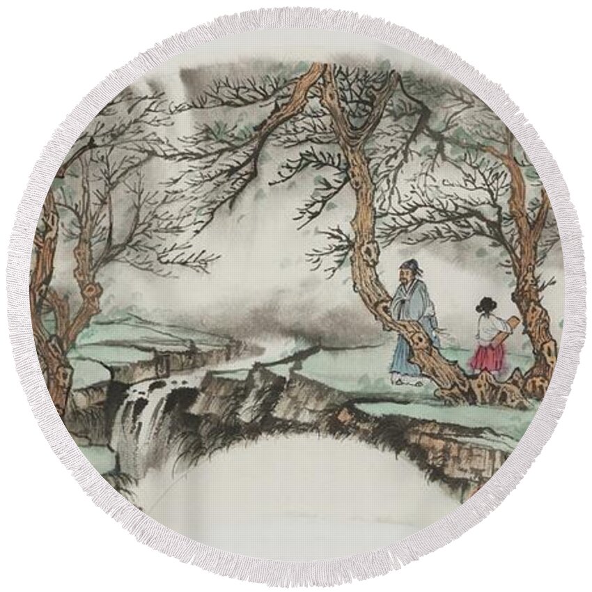 Chinese Watercolor Round Beach Towel featuring the painting Zheng Player by Jenny Sanders