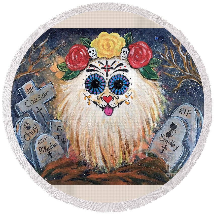 Day Of The Dead Round Beach Towel featuring the painting Zombie Apawcolypse by Sonia Flores Ruiz